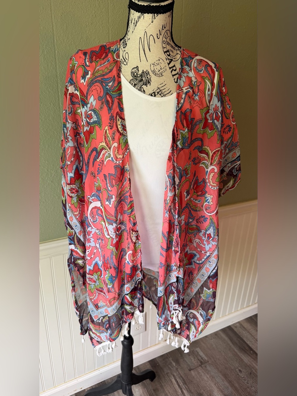 OS Coral Combo Paisley Sheer Kimono/Cover-Up with Tassels. Boho Festival